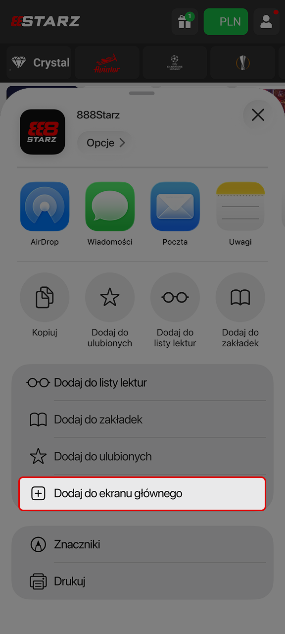 Wybierz opcję i dodaj do ekranu głównego, aby ikona 888starz pojawiła się obok Twoich ulubionych aplikacji.