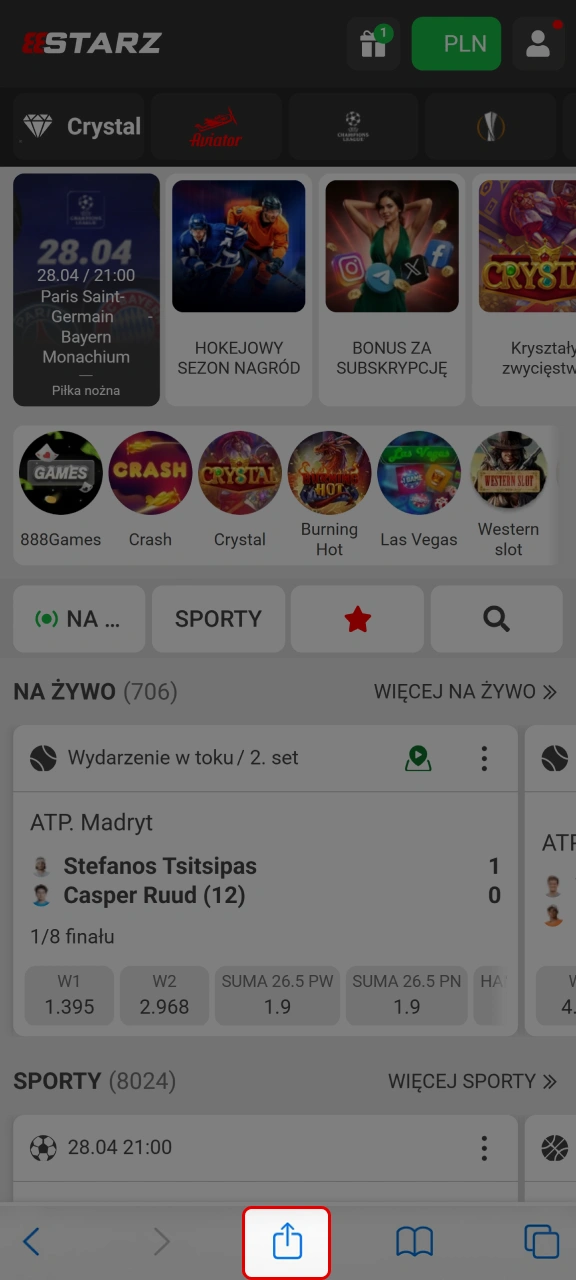 Otwórz menu udostępniania w swoim urządzeniu Apple, aby dodać skrót do platformy 888starz.