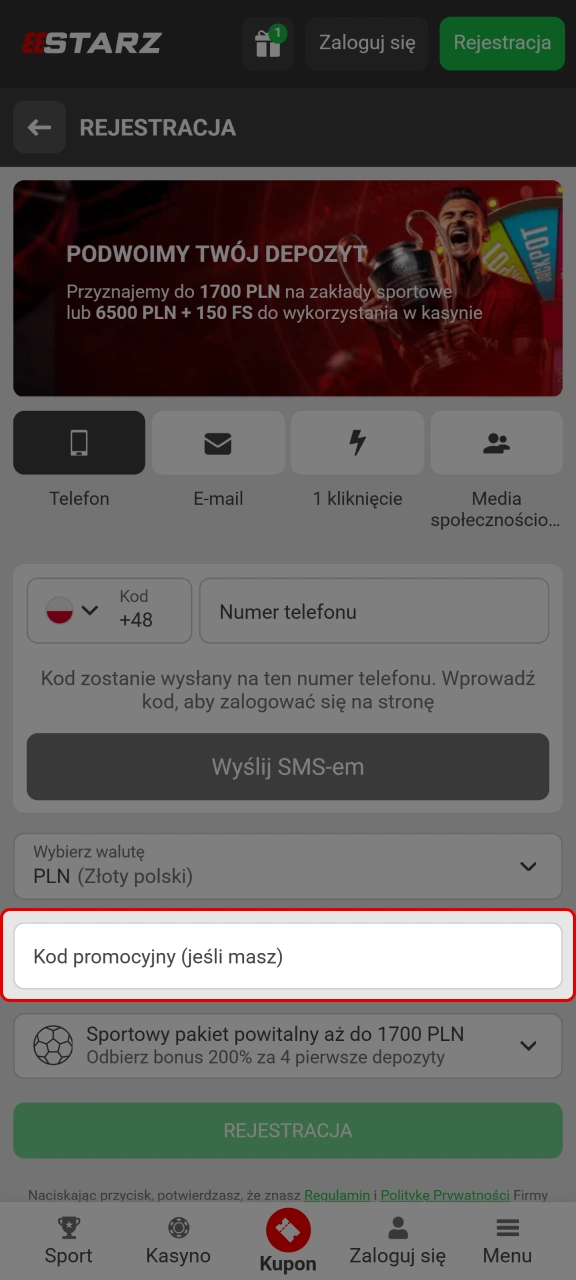 Wpisz kod promocyjny podczas zakładania konta, aby odblokować ekskluzywne nagrody w 888starz.