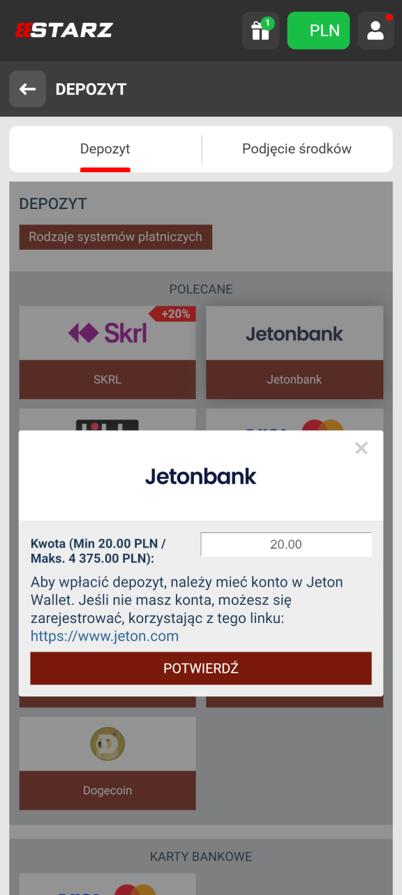 Określ szczegóły przelewu i płatności, upewniając się, że kwota depozytu kwalifikuje się do bonusu w 888starz.