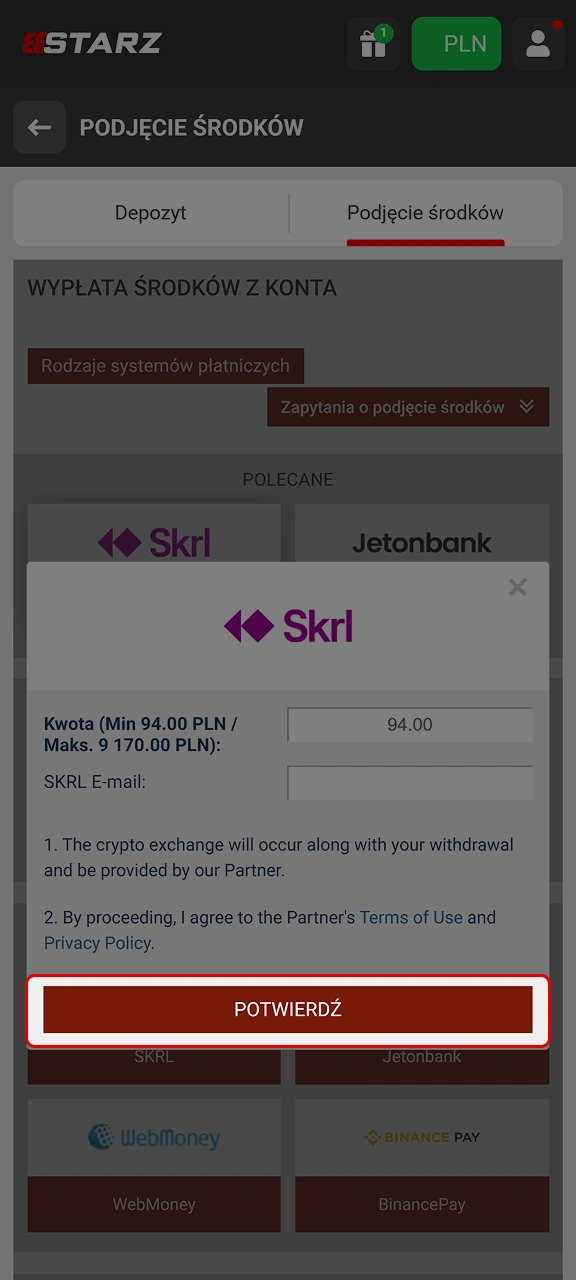 Potwierdź wniosek o wypłatę i czekaj na szybkie przetworzenie płatności przez zespół 888starz Polska.