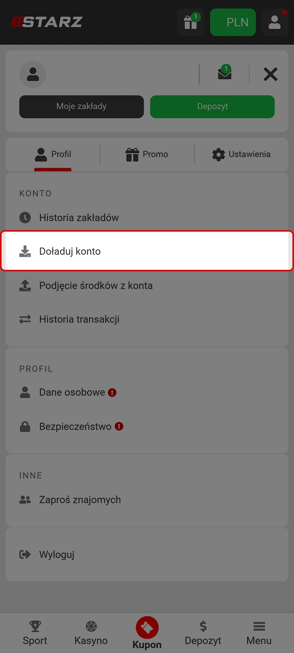 Przejdź do sekcji kasa, którą znajdziesz w panelu użytkownika na stronie głównej 888starz.