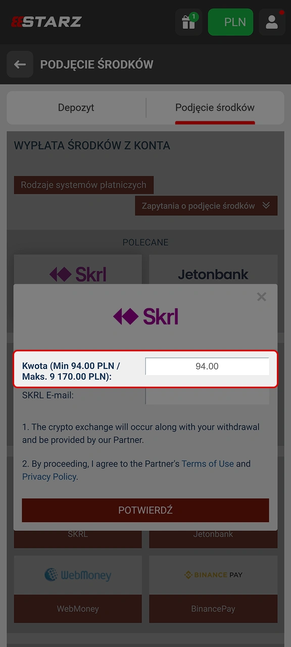 Wpisz kwotę wypłaty, upewniając się, że wszystkie bonusy w 888starz zostały prawidłowo obrócone.