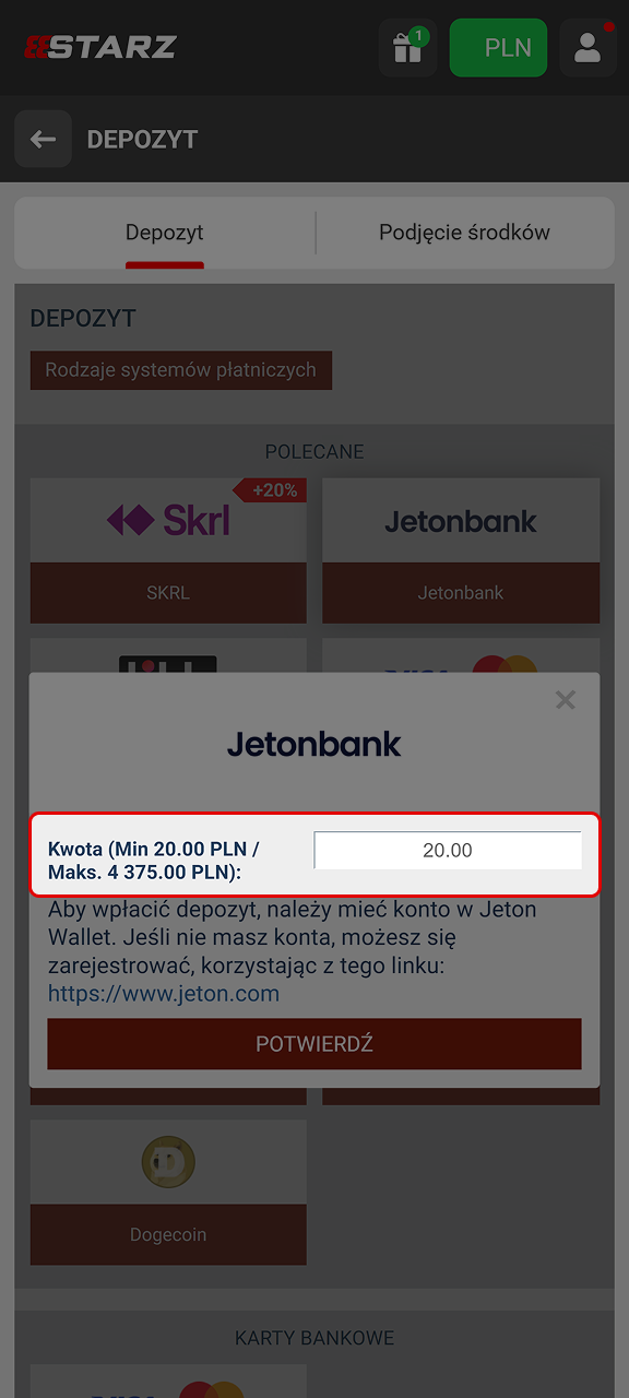 Wprowadź kwotę wpłaty, pamiętając o minimalnych limitach depozytu obowiązujących w 888starz.