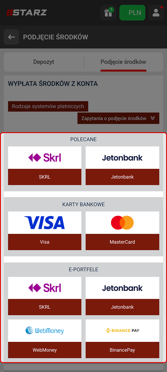 Wybierz metodę wypłaty, najlepiej tę samą, której użyłeś do depozytu w 888starz.