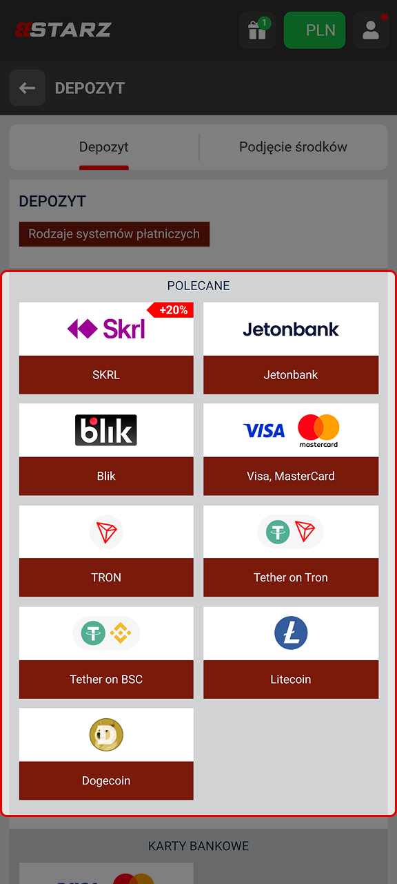 Wybierz metodę wpłaty spośród opcji takich jak BLIK, karty płatnicze czy kryptowaluty w 888starz.