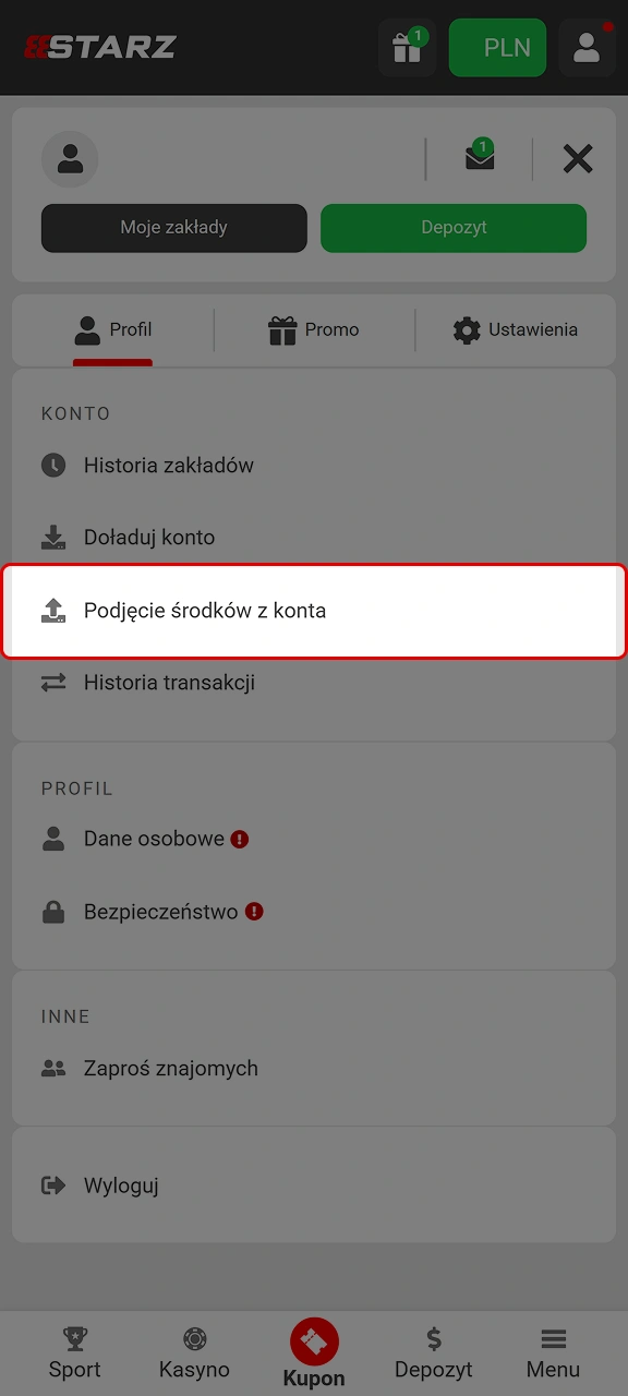 Przejdź do sekcji kasa i wybierz wypłata, aby rozpocząć proces przelewu środków z 888starz.