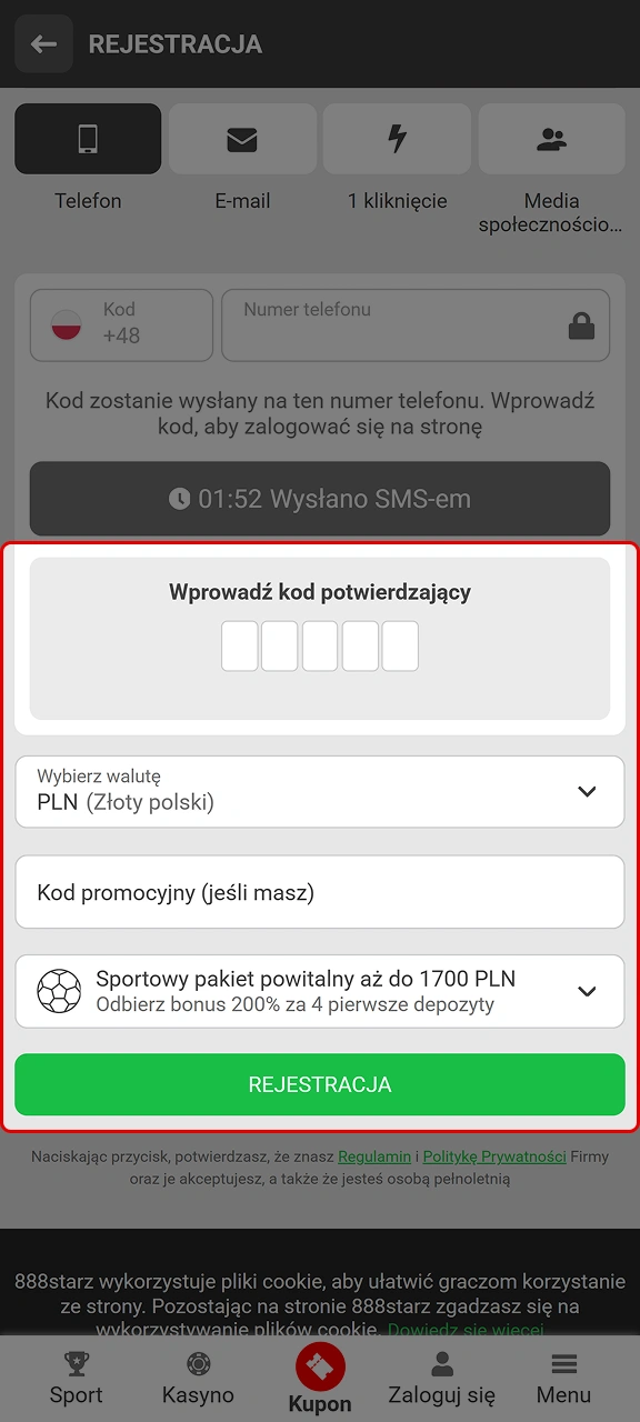 Aktywuj konto poprzez link wysłany na e-mail lub kod SMS, aby odblokować pełen dostęp do 888starz.