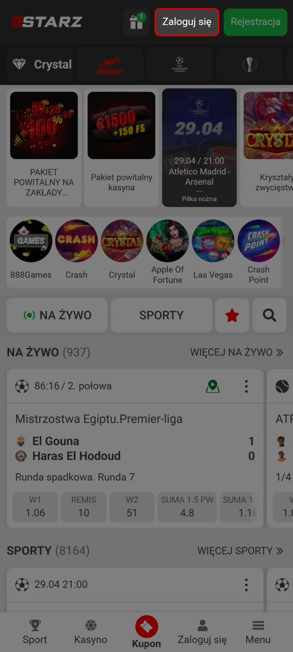 Kliknij przycisk logowania w górnym panelu strony, aby otworzyć okno dostępu do 888starz.