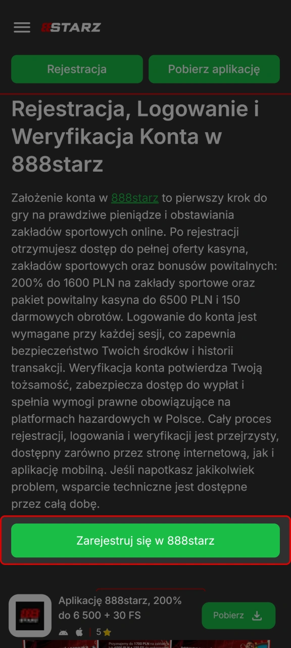 Kliknij przycisk rejestracji, aby założyć konto w serwisie 888starz Polska.