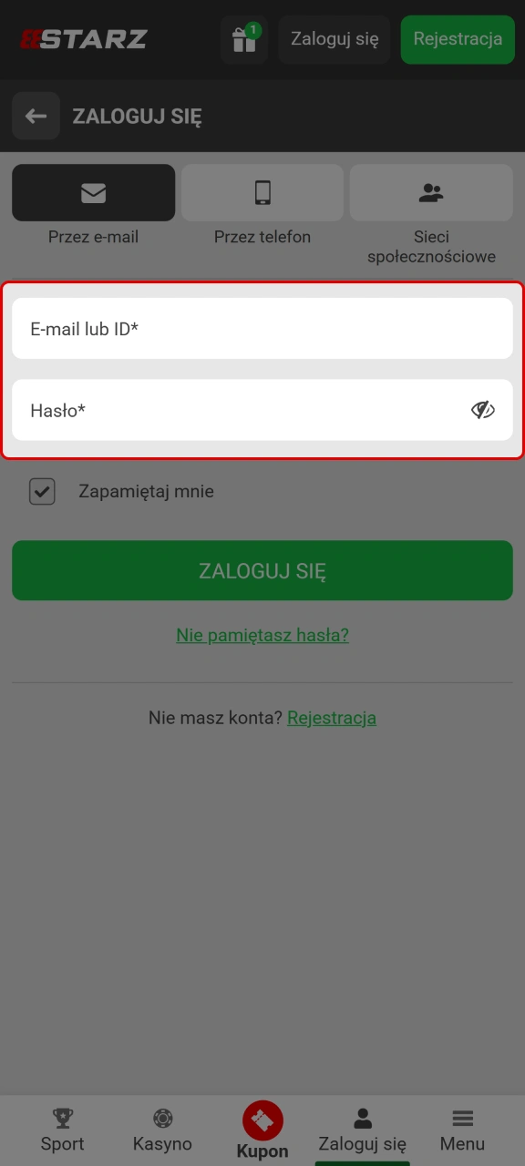Wprowadź dane logowania: swoją nazwę użytkownika lub adres e-mail oraz hasło ustawione podczas rejestracji na stronie 888starz.