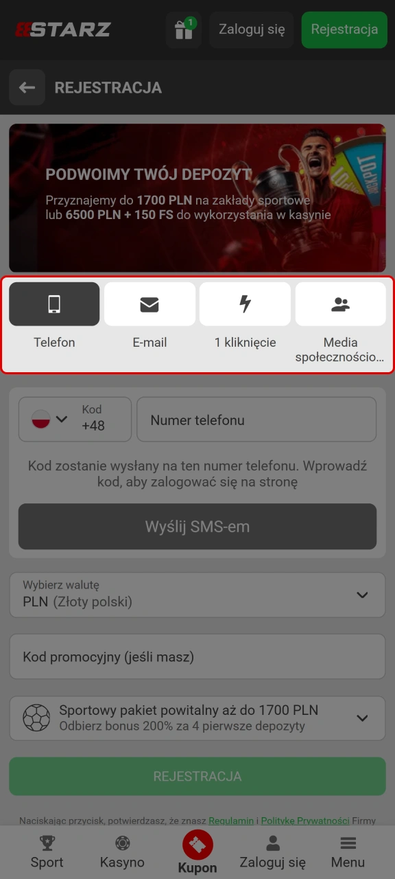 Możesz zarejestrować się w serwisie 888starz za pomocą adresu e-mail, numeru telefonu lub poprzez serwisy społecznościowe.