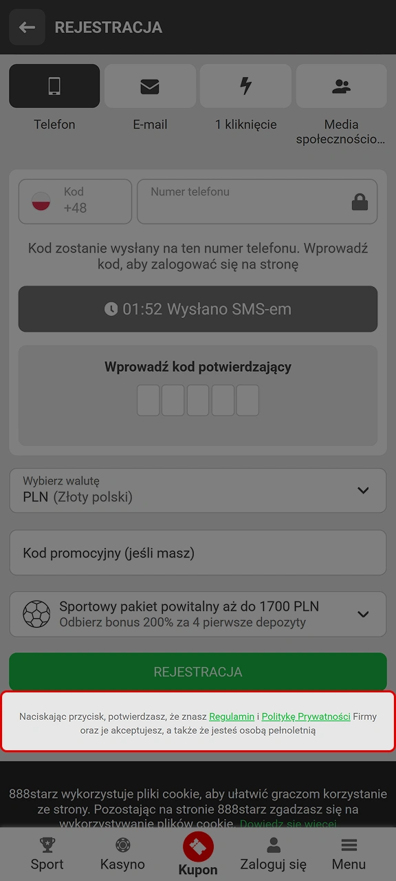 Zaakceptuj regulamin, aby potwierdzić pełnoletność i znajomość zasad panujących na platformie 888starz.
