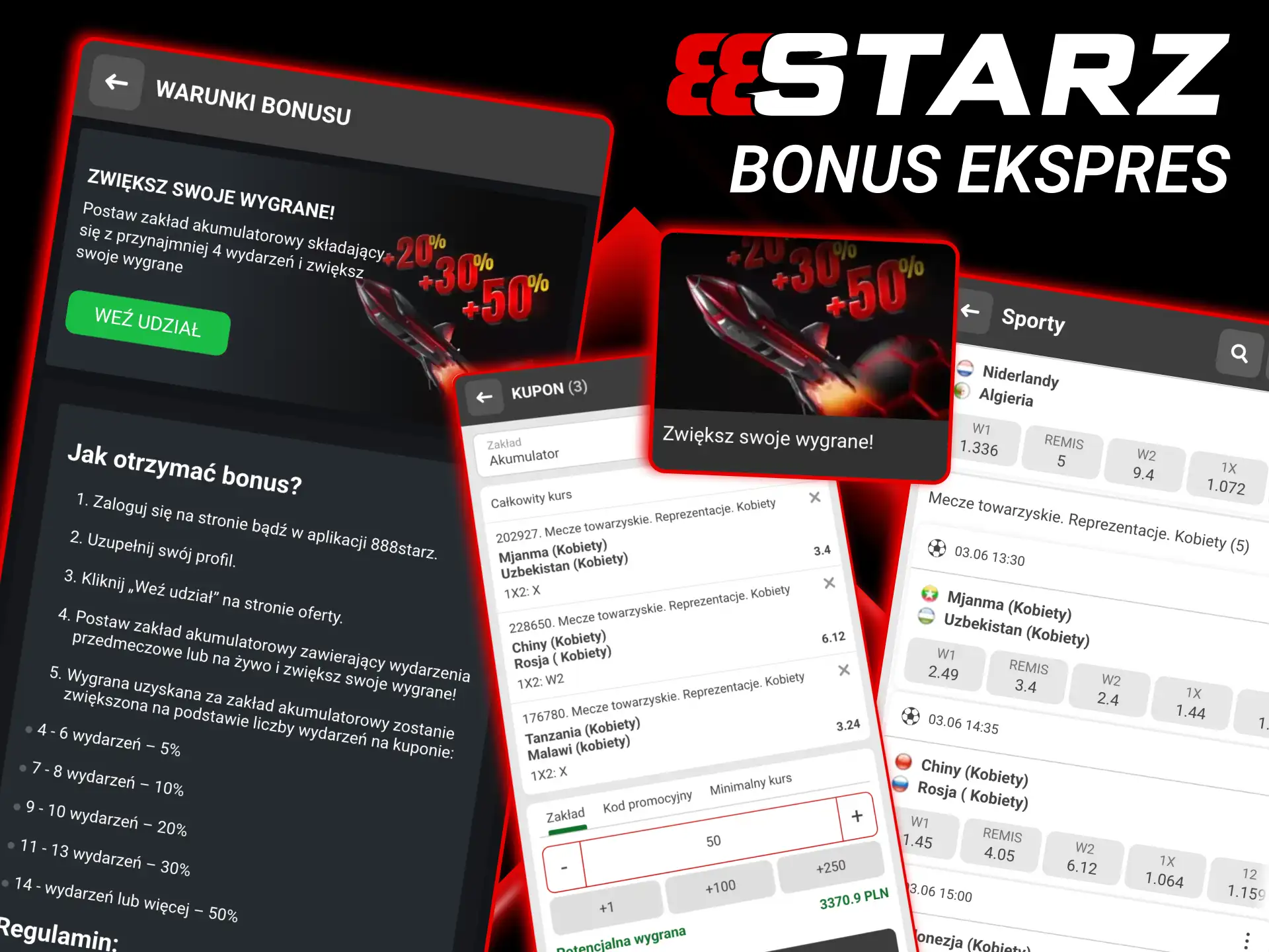 Bonus ekspresowy 888starz daje wyższy mnożnik przy większej liczbie typów.
