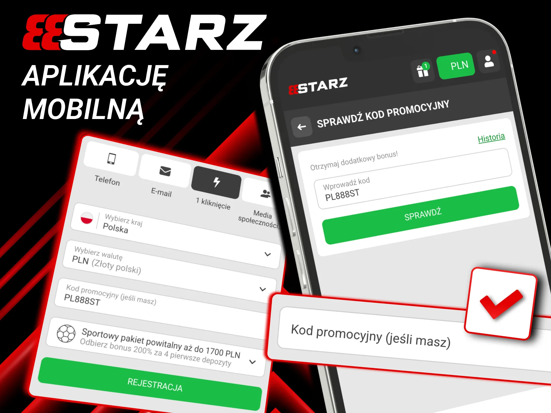 Aplikacja 888starz pozwala aktywować kod PL888ST podczas rejestracji.
