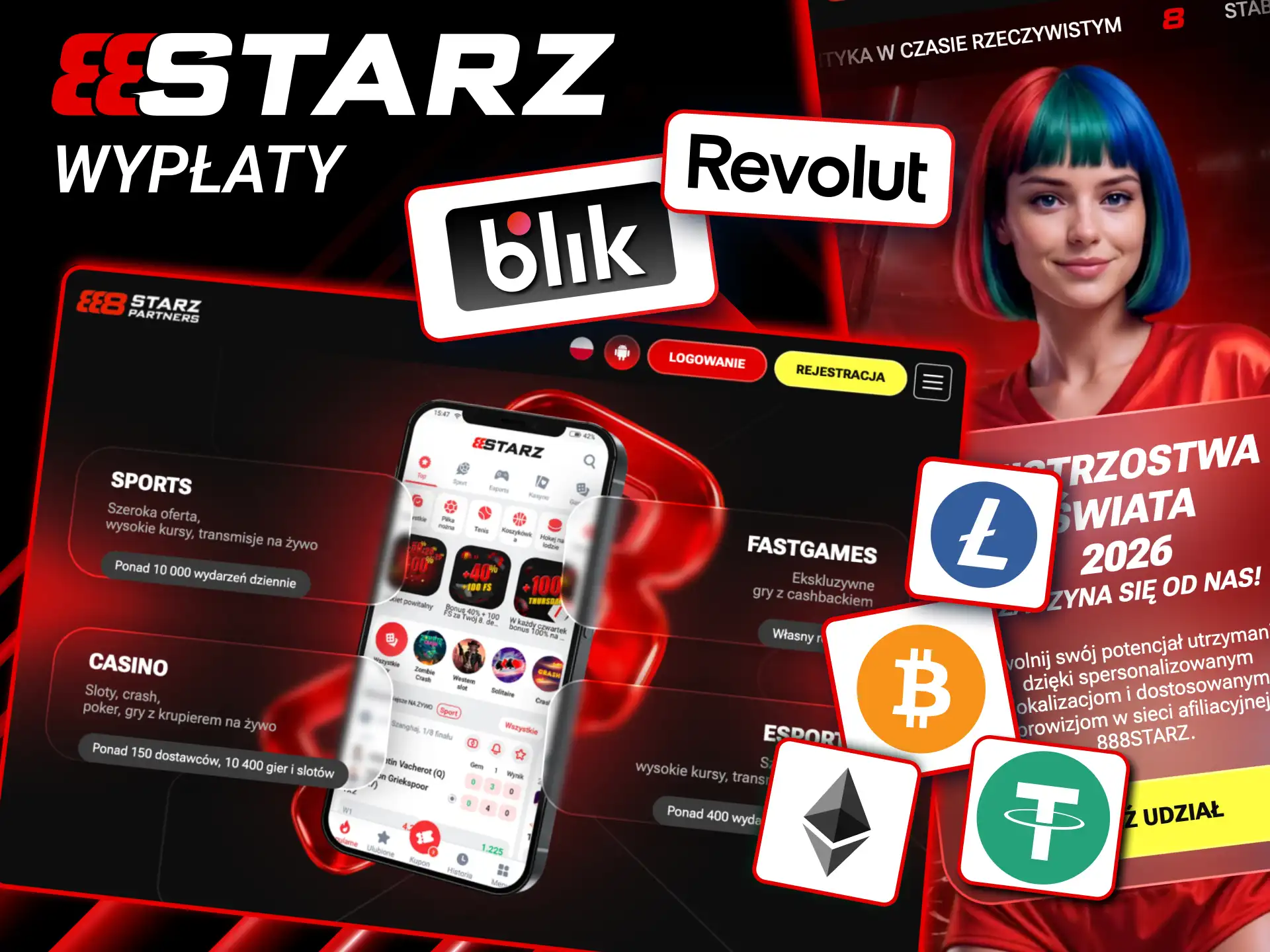Partnerzy 888starz wypłacają prowizje Blikiem, przelewem, kartami i krypto.
